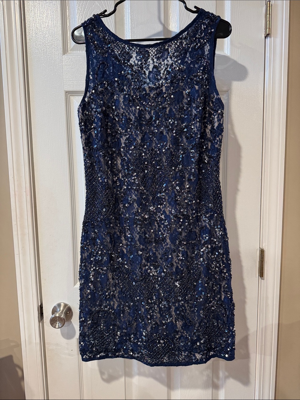 Aidan Mattox Navy Beaded Lace Sheath Dress - Women's Evening Dress